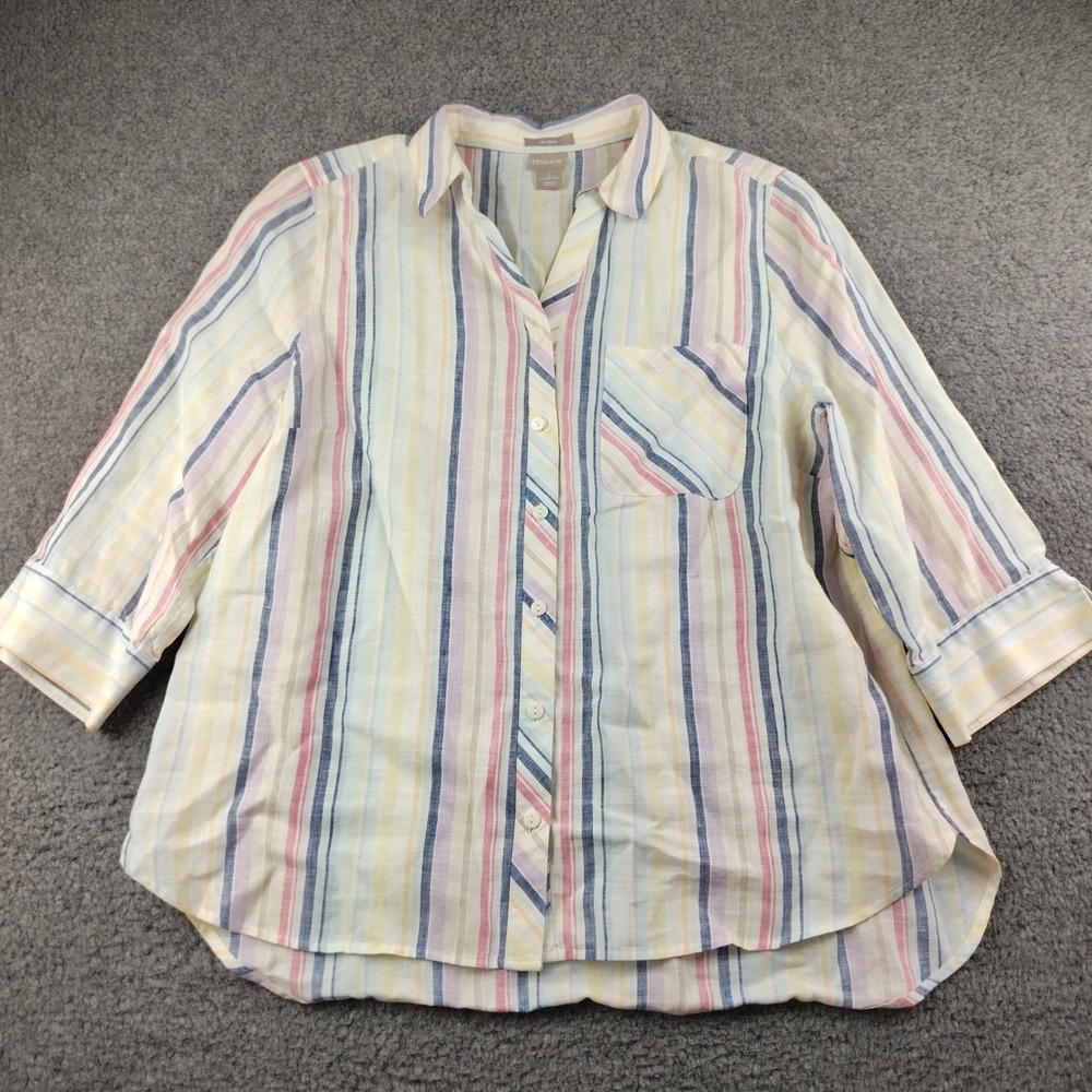 Chicos No Iron 100% Linen Striped Button Up Shirt Womens Size Large 2 Pocket